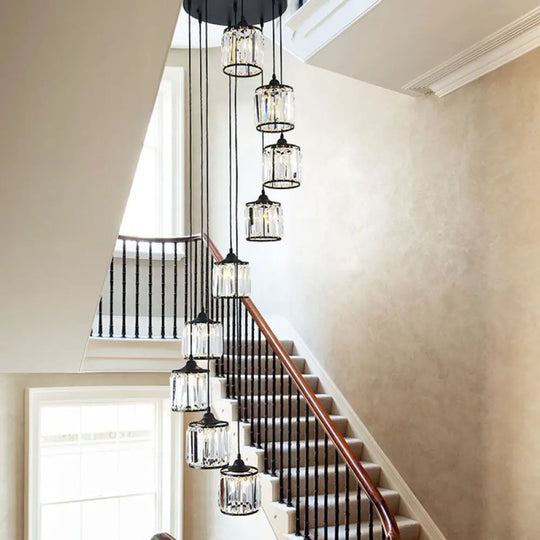 Modern Drum Multi-Light Pendant With Tri-Prism Crystal Staircase Hanging Lighting In Black 9 /