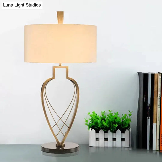 Modern Drum Night Table Lamp In Beige With Gold Urn Frame Base