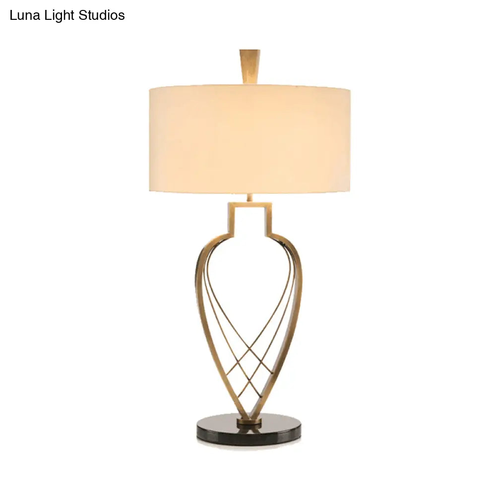 Modern Drum Night Table Lamp In Beige With Gold Urn Frame Base