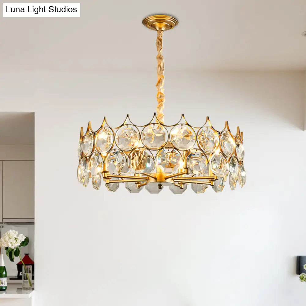 Modern Drum Pendant Chandelier With 8 Bulbs Gold Finish And Crystal Faceted Ceiling Hang Fixture