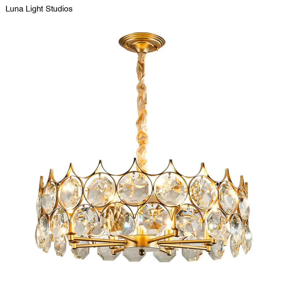 Modern Drum Pendant Chandelier With 8 Bulbs Gold Finish And Crystal Faceted Ceiling Hang Fixture