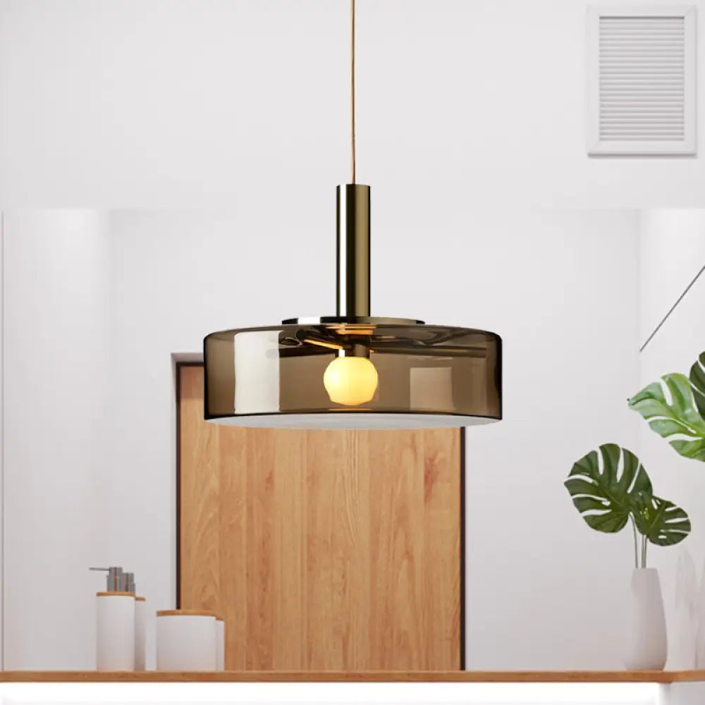 Modern Drum Pendant Lamp In Smoke Gray Glass - 1-Bulb Hanging Light For Living Room Down Lighting