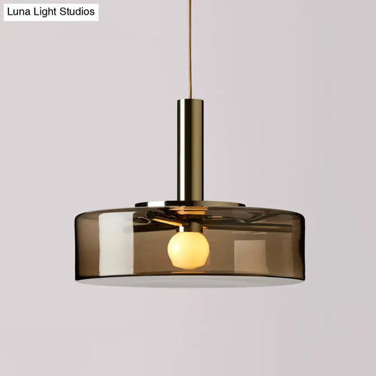 Modern Drum Pendant Lamp In Smoke Gray Glass - 1-Bulb Hanging Light For Living Room Down Lighting