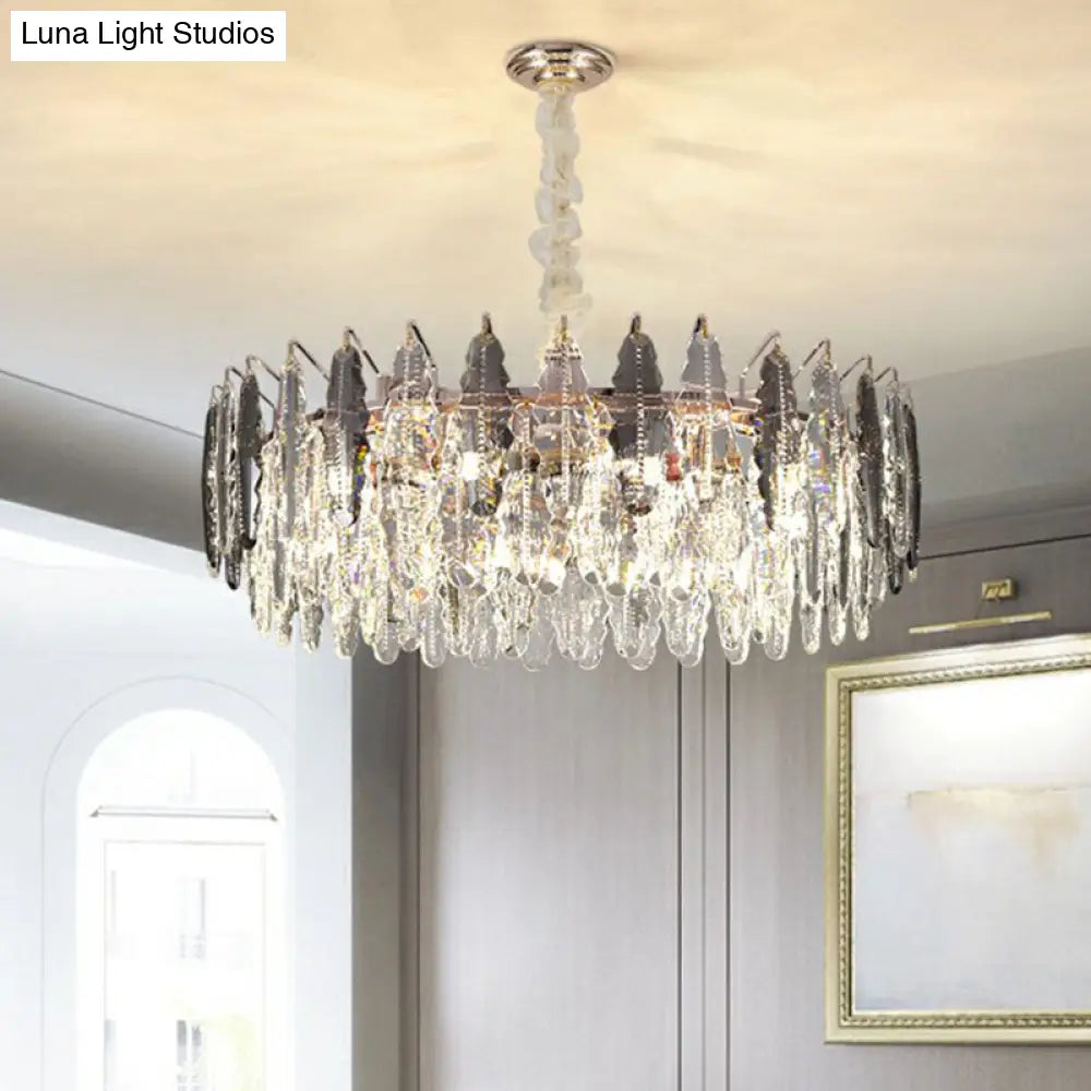 Modern Drum Pendant Light With Clear K9 Crystal - 9 Head Island Lighting For Living Room