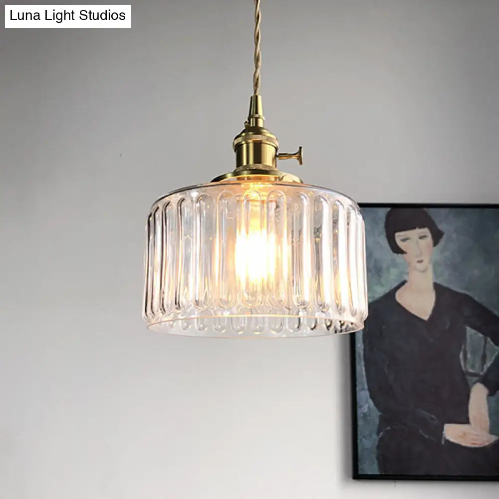 Modern Drum Pendant Light: Stylish Fluted Glass Hanging Lamp For Gallery Clear