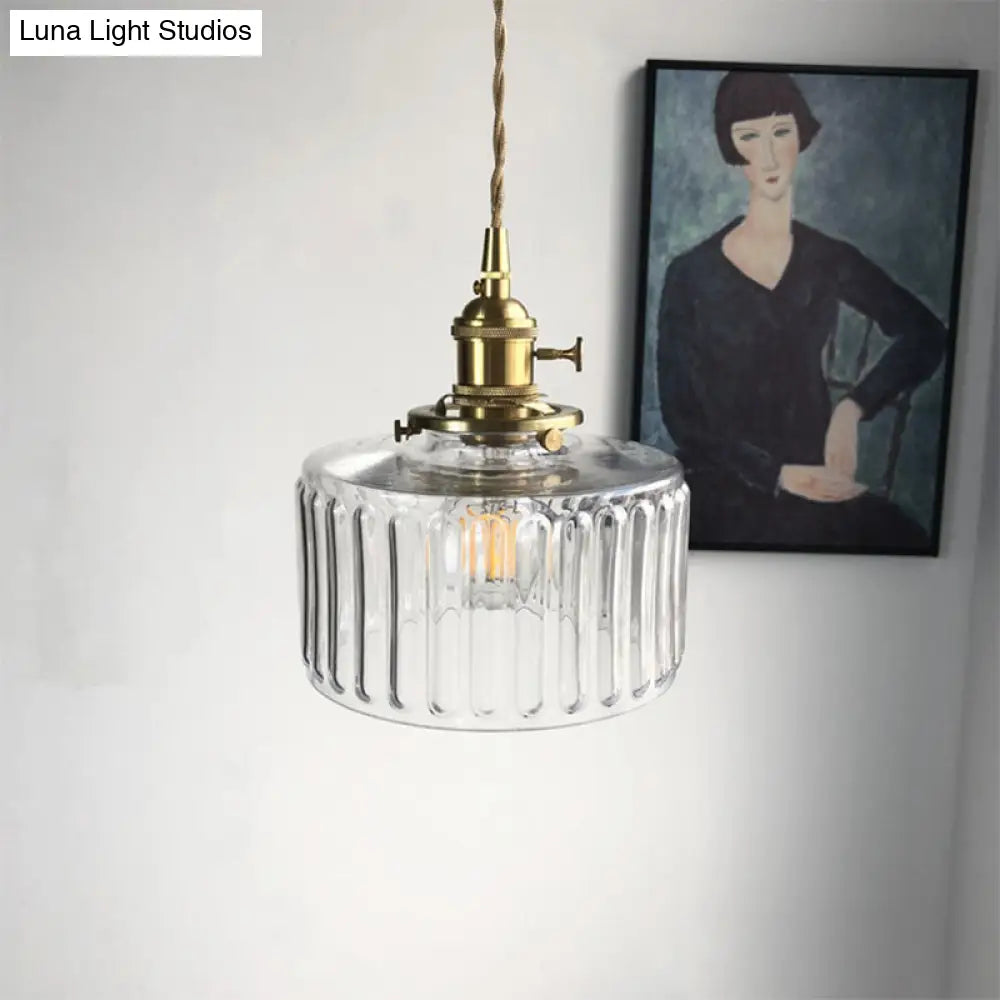 Modern Drum Pendant Light With Fluted Glass - Stylish Hanging Lamp For Gallery