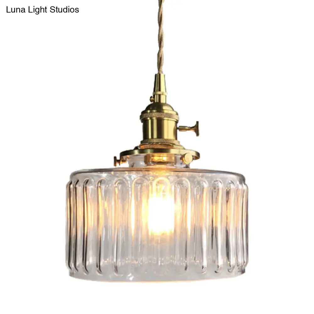 Modern Drum Pendant Light: Stylish Fluted Glass Hanging Lamp For Gallery