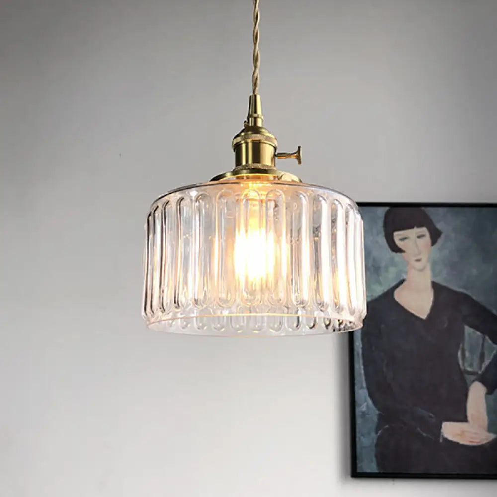 Modern Drum Pendant Light With Fluted Glass - Stylish Hanging Lamp For Gallery Clear