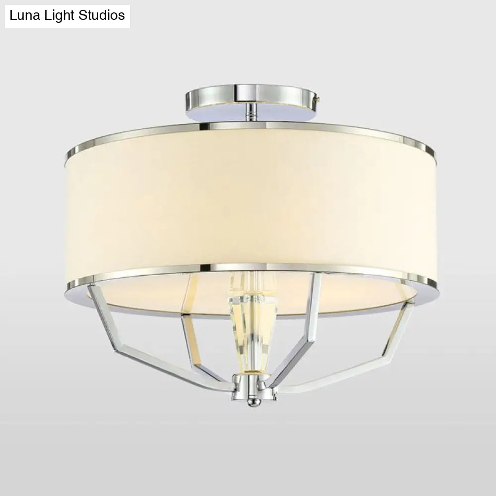 Modern Drum Semi Flush Ceiling Light With White Fabric Shade Chrome Finish 5 Lights