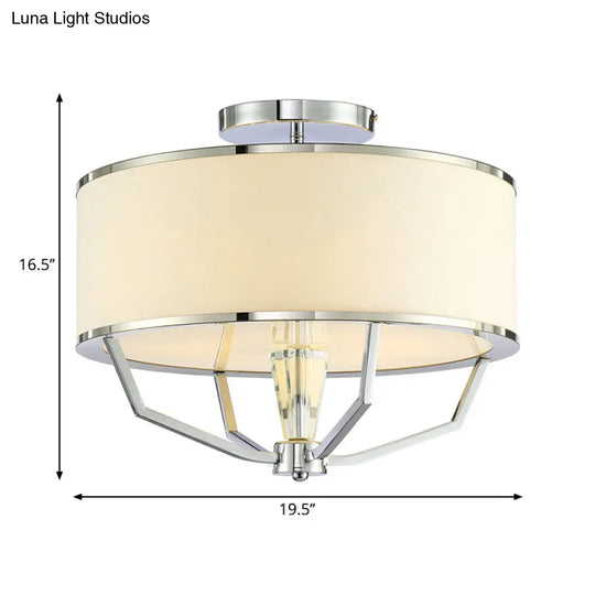 Modern Drum Semi Flush Ceiling Light With White Fabric Shade Chrome Finish 5 Lights