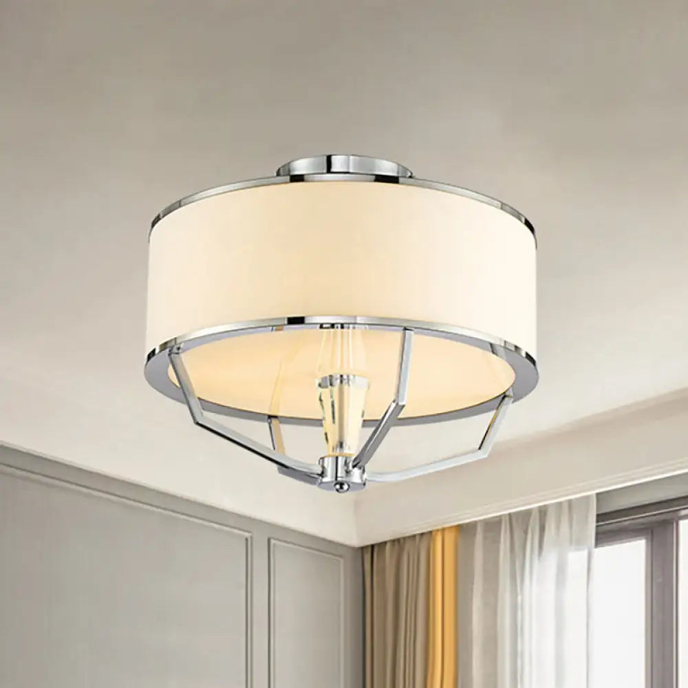 Modern Drum Semi Flush Ceiling Light With White Fabric Shade Chrome Finish 5 Lights