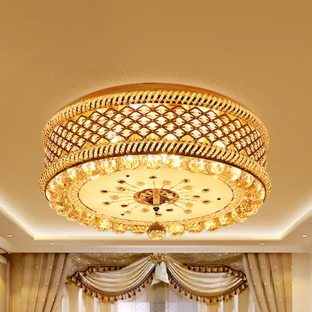 Modern Drum Shade Ceiling Lamp With Led Gold Finish And Crystal Accents For Living Room