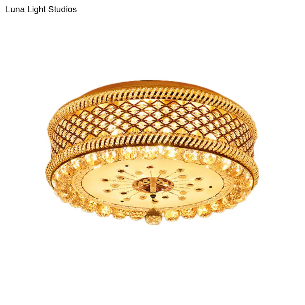Modern Drum Shade Ceiling Lamp With Led Gold Finish And Crystal Accents For Living Room