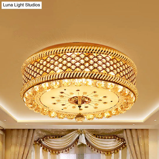 Modern Drum Shade Ceiling Lamp With Led Gold Finish And Crystal Accents For Living Room