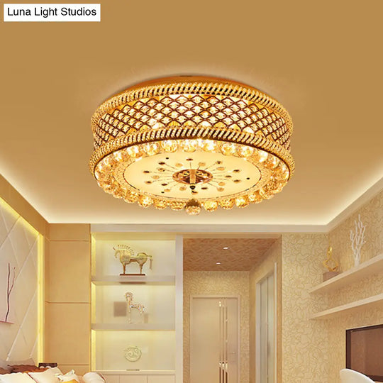 Modern Drum Shade Ceiling Lamp With Led Gold Finish And Crystal Accents For Living Room