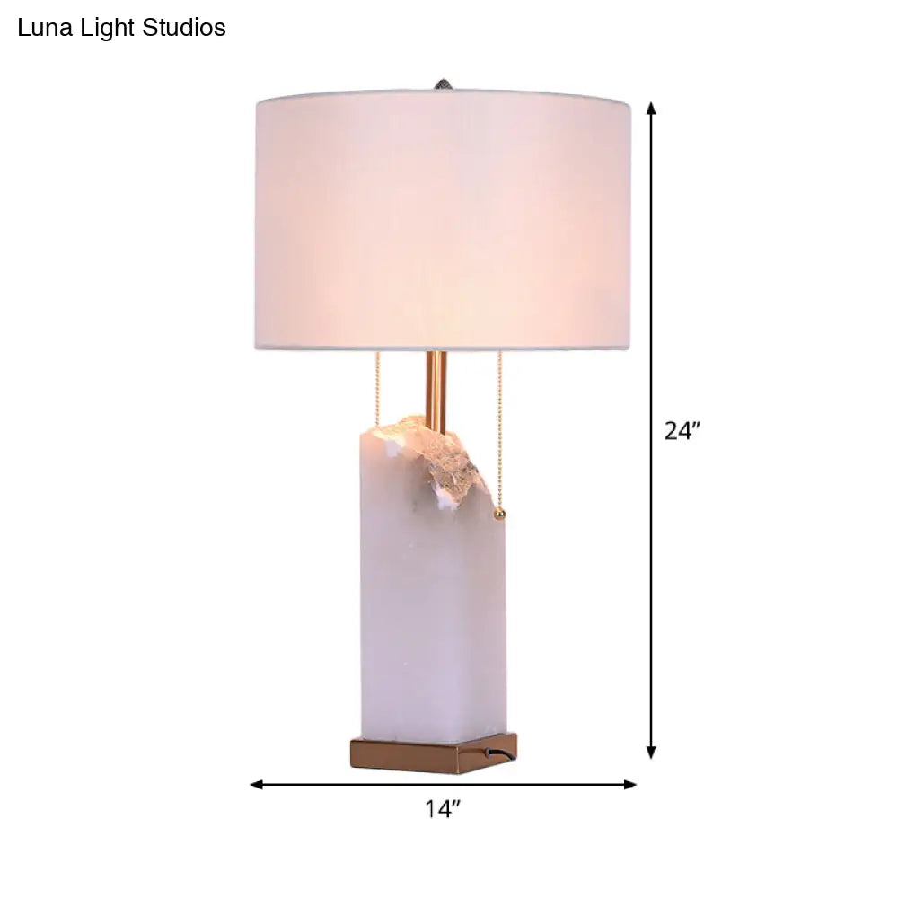 Modern Drum Shade Task Lamp With Pull Chain 2 Bulbs White Fabric Ideal For Reading