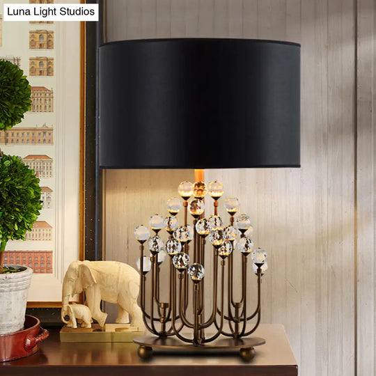 Modern Drum-Shaped Fabric Task Light: Black Nightstand Lamp With Crystal Ball