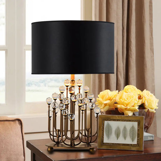 Modern Drum-Shaped Fabric Task Light: Black Nightstand Lamp With Crystal Ball