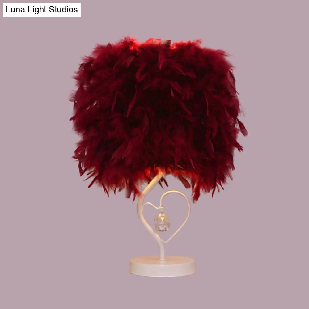 Modern Drum Table Lamp: Feather Light White/Pink/Burgundy Heart Frame Crystal Orb