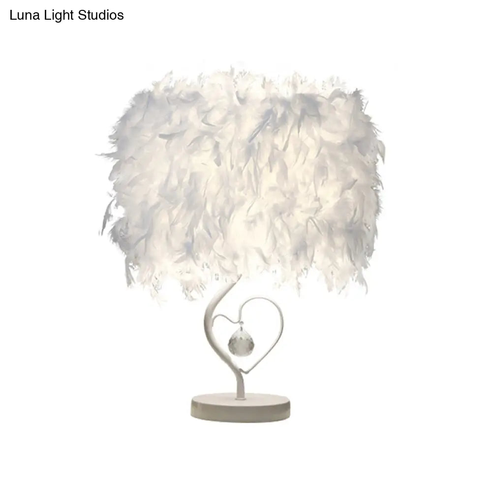 Modern Drum Table Lamp: Feather Light White/Pink/Burgundy Heart Frame Crystal Orb