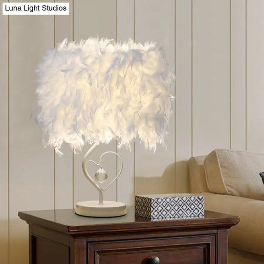 Modern Drum Table Lamp: Feather Light White/Pink/Burgundy Heart Frame Crystal Orb