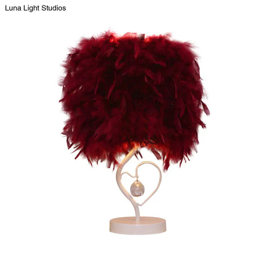 Modern Drum Table Lamp: Feather Light White/Pink/Burgundy Heart Frame Crystal Orb