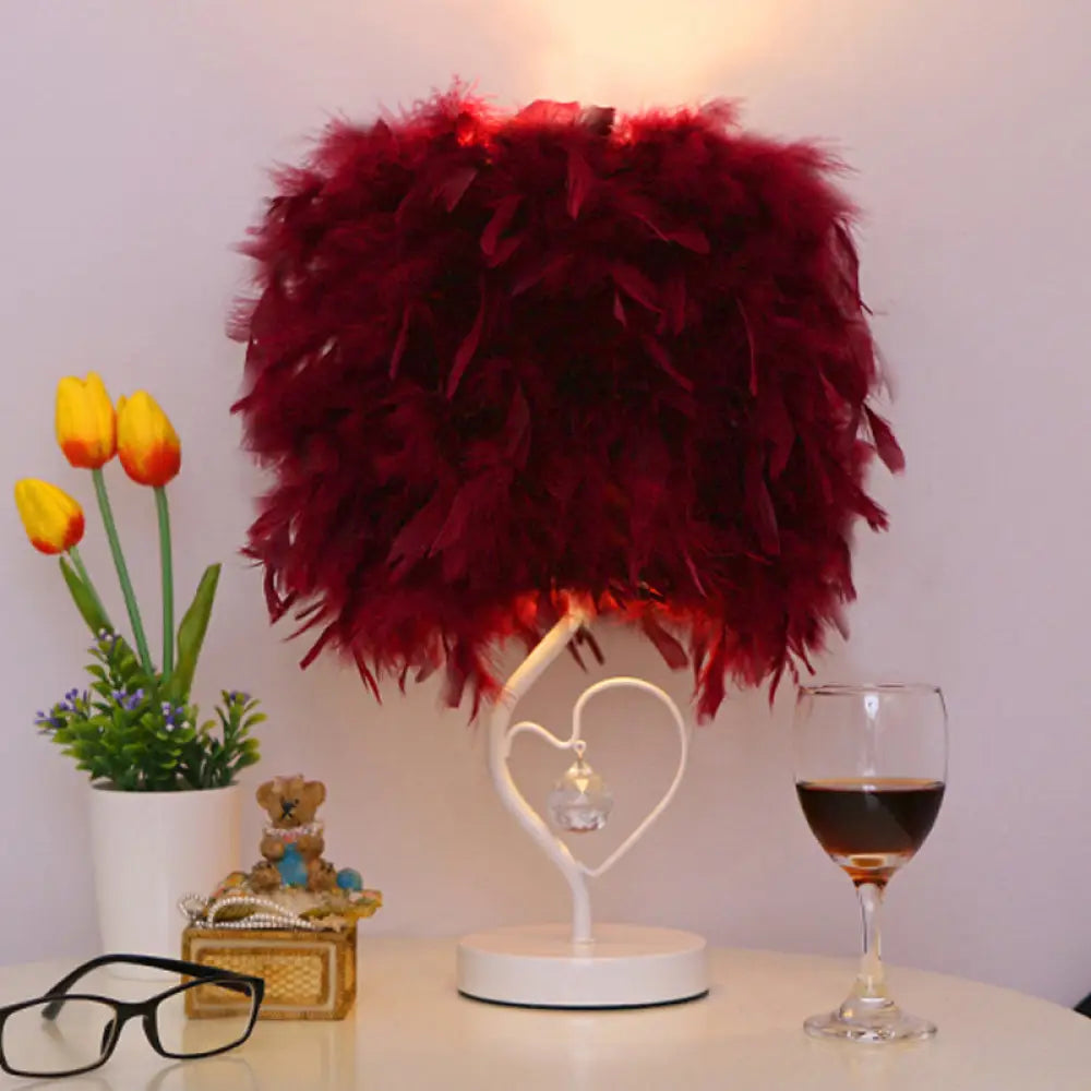 Modern Drum Table Lamp: Feather Light White/Pink/Burgundy Heart Frame Crystal Orb Burgundy