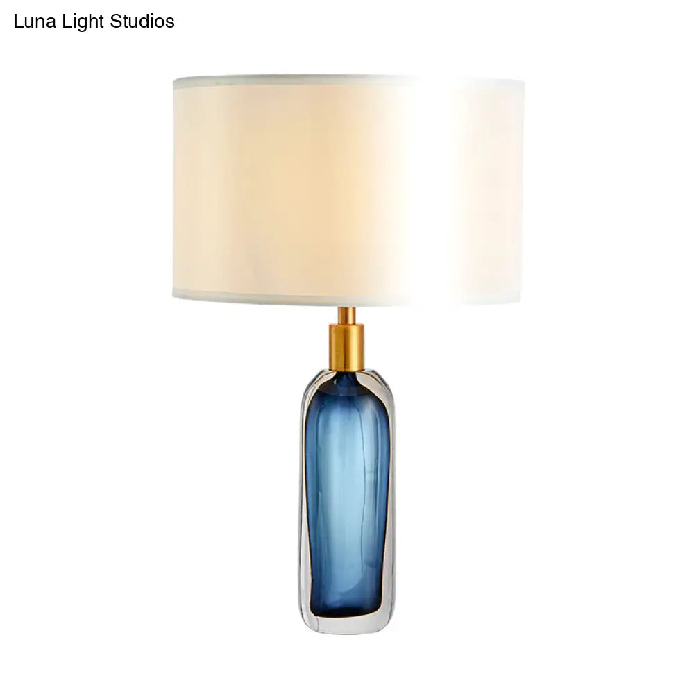 Modern Drum Table Lamp In White With Colored Glaze Base - Stylish Bedroom Desk Light