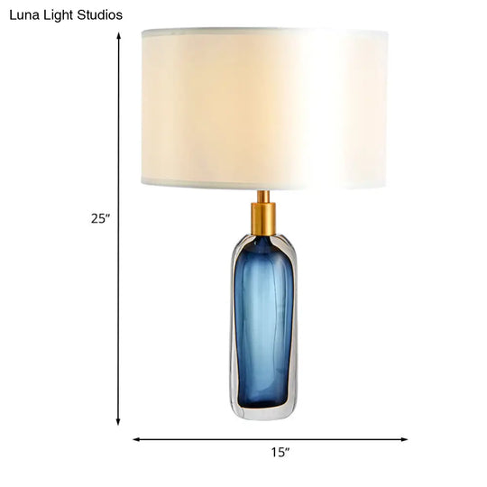 Modern Drum Table Lamp In White With Colored Glaze Base - Stylish Bedroom Desk Light