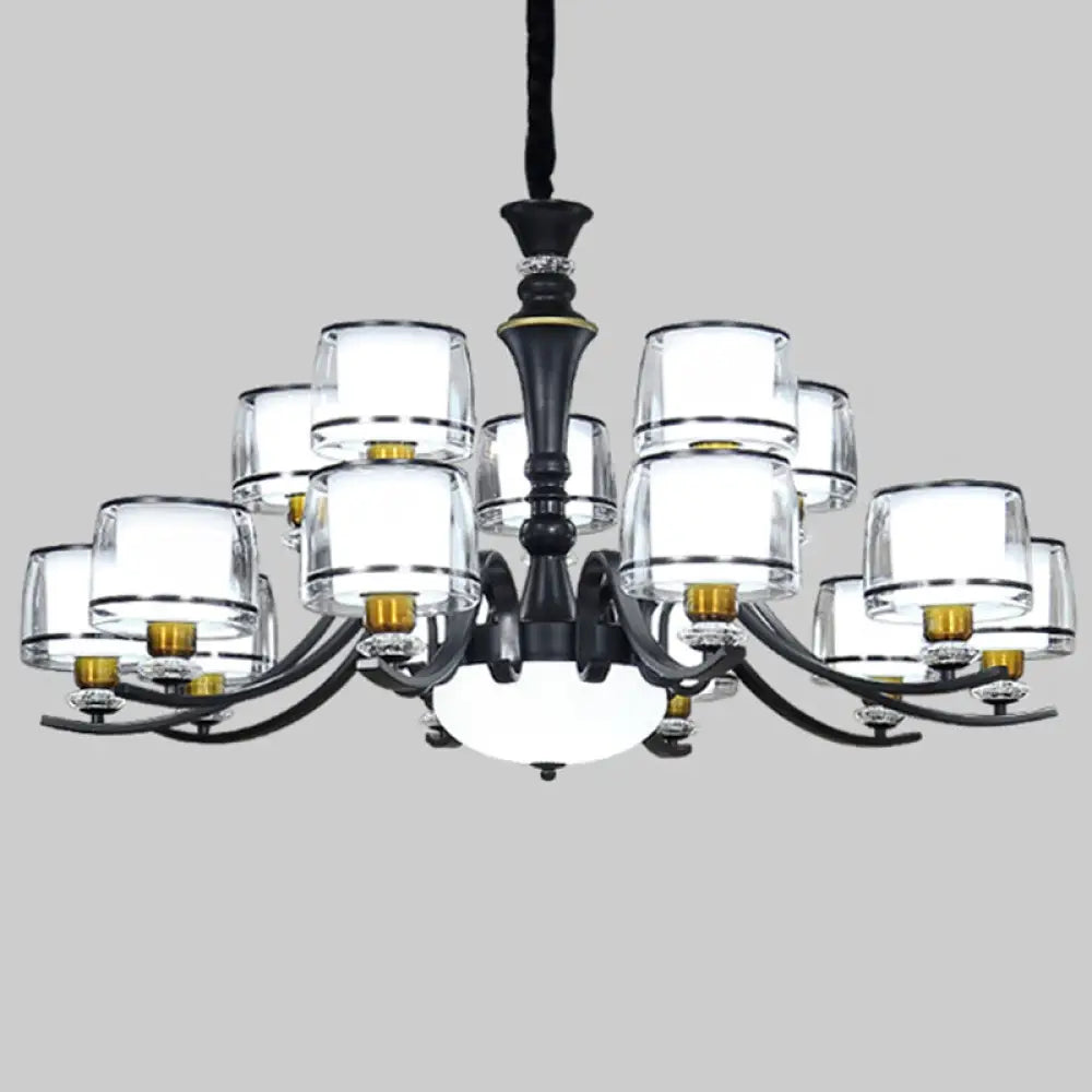 Modern Dual Cylinder Pendant Chandelier With Clear And White Glass For Living Room 15 / Black