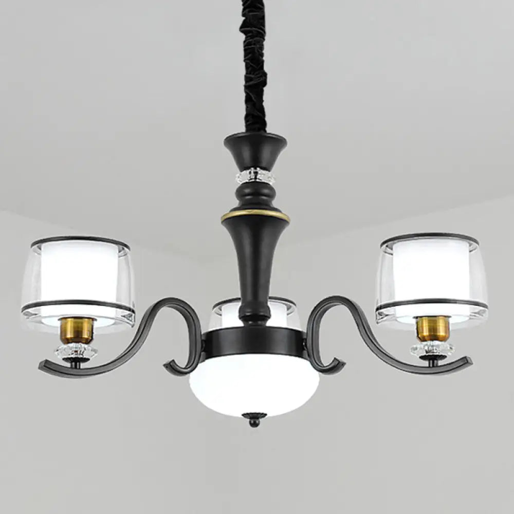 Modern Dual Cylinder Pendant Chandelier With Clear And White Glass For Living Room 3 / Black