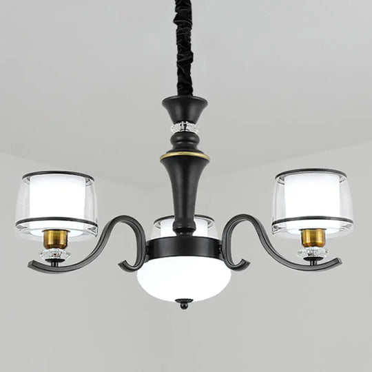 Modern Dual Cylinder Pendant Chandelier With Clear And White Glass For Living Room 3 / Black