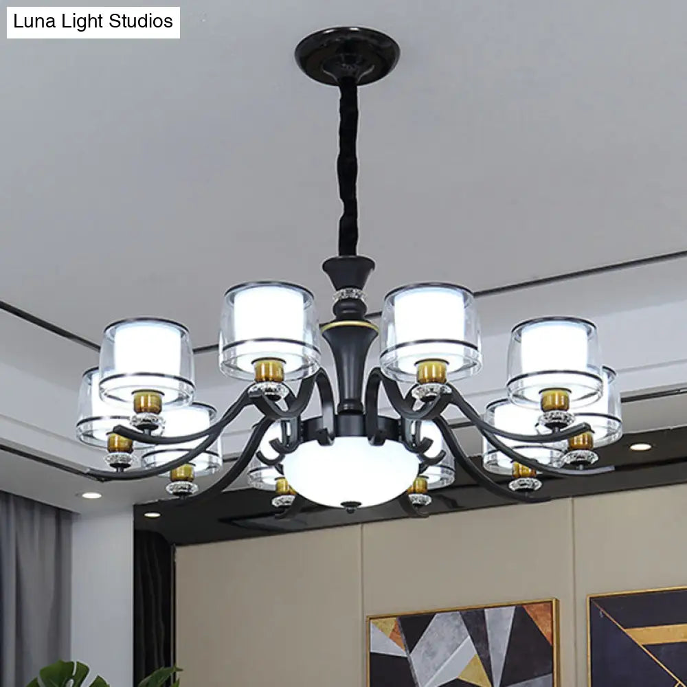 Modern Dual Cylinder Pendant Light Fixture - Clear & White Glass With Black Chandelier For Living