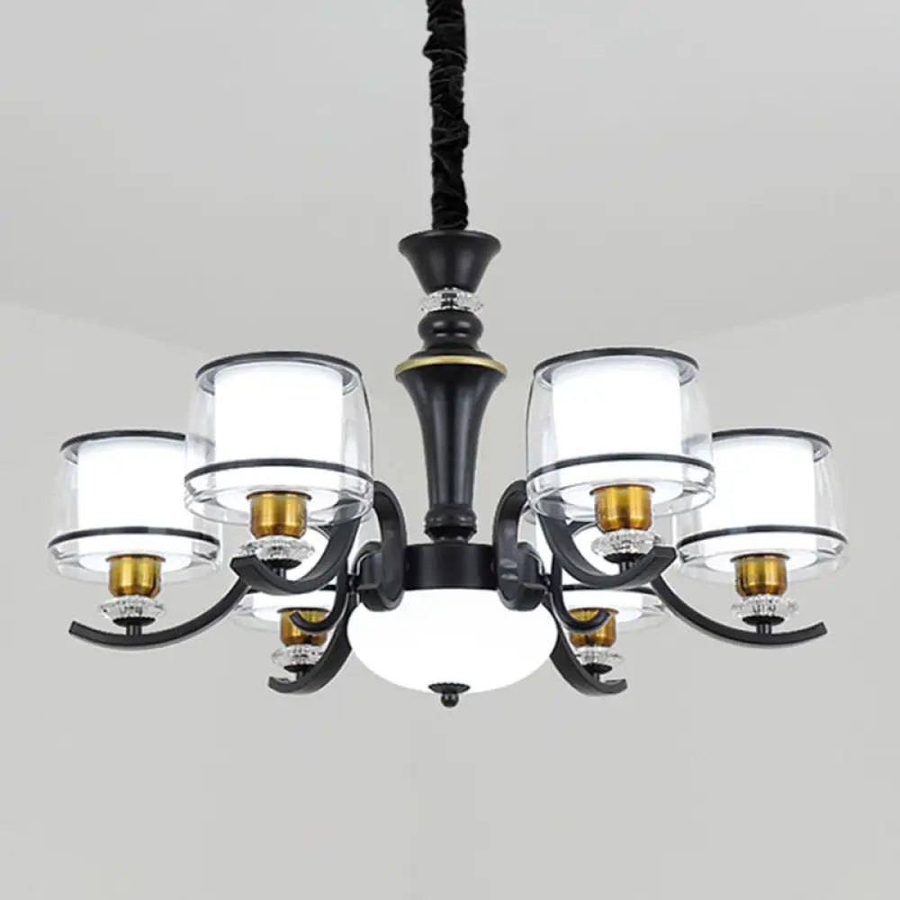 Modern Dual Cylinder Pendant Chandelier With Clear And White Glass For Living Room 6 / Black