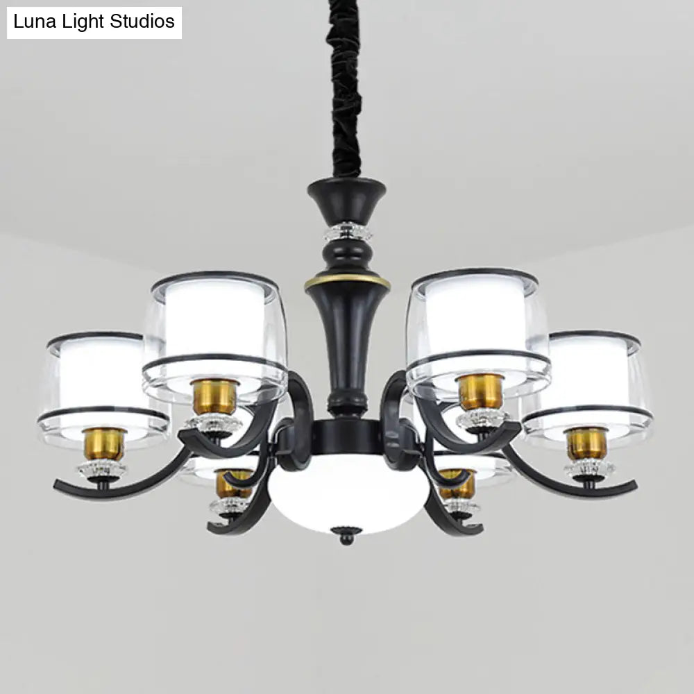 Modern Dual Cylinder Pendant Light Fixture - Clear & White Glass With Black Chandelier For Living