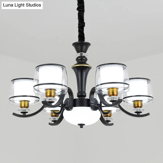 Modern Dual Cylinder Pendant Light Fixture - Clear & White Glass With Black Chandelier For Living