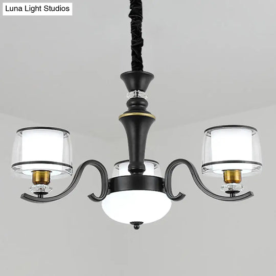 Modern Dual Cylinder Pendant Light Fixture - Clear & White Glass With Black Chandelier For Living