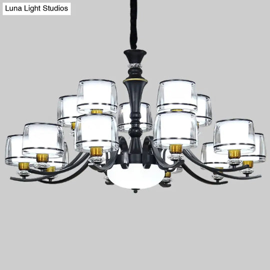 Modern Dual Cylinder Pendant Light Fixture - Clear & White Glass With Black Chandelier For Living