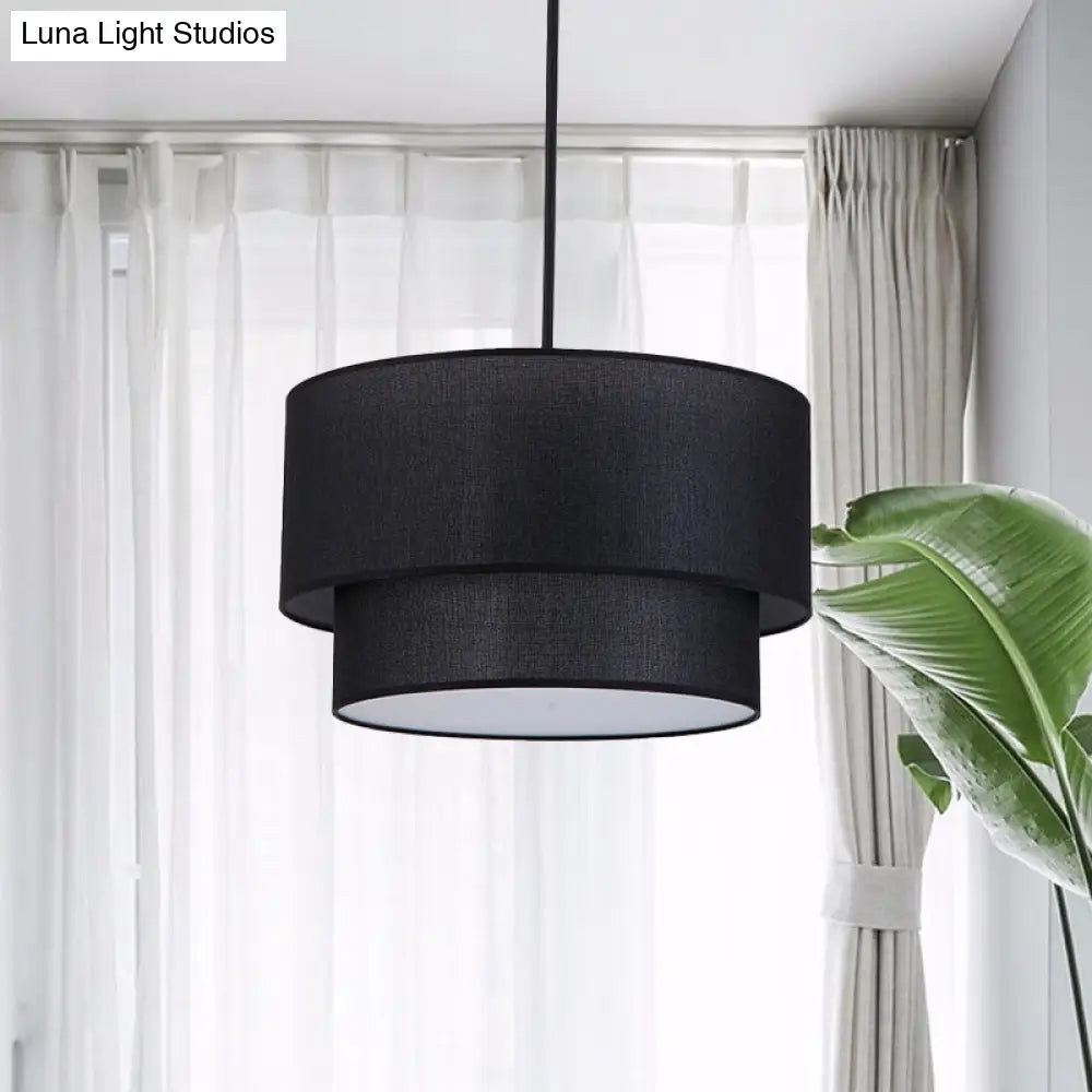 Modern Dual Drum Pendant Ceiling Lamp With Fabric Shade - 1-Head Dinette White/Flaxen/Black Color