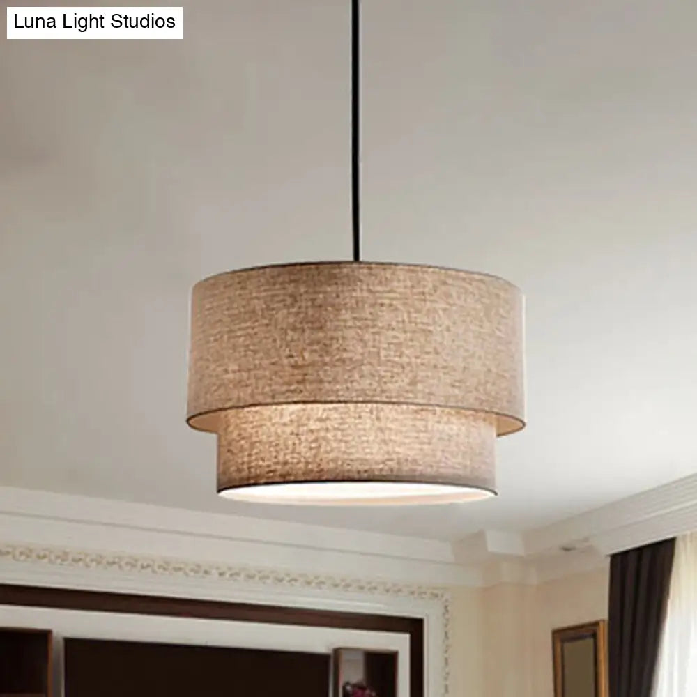 Modern Dual Drum Pendant Ceiling Lamp With Fabric Shade - 1-Head Dinette White/Flaxen/Black Color