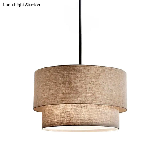 Modern Dual Drum Pendant Ceiling Lamp With Fabric Shade - 1-Head Dinette White/Flaxen/Black Color