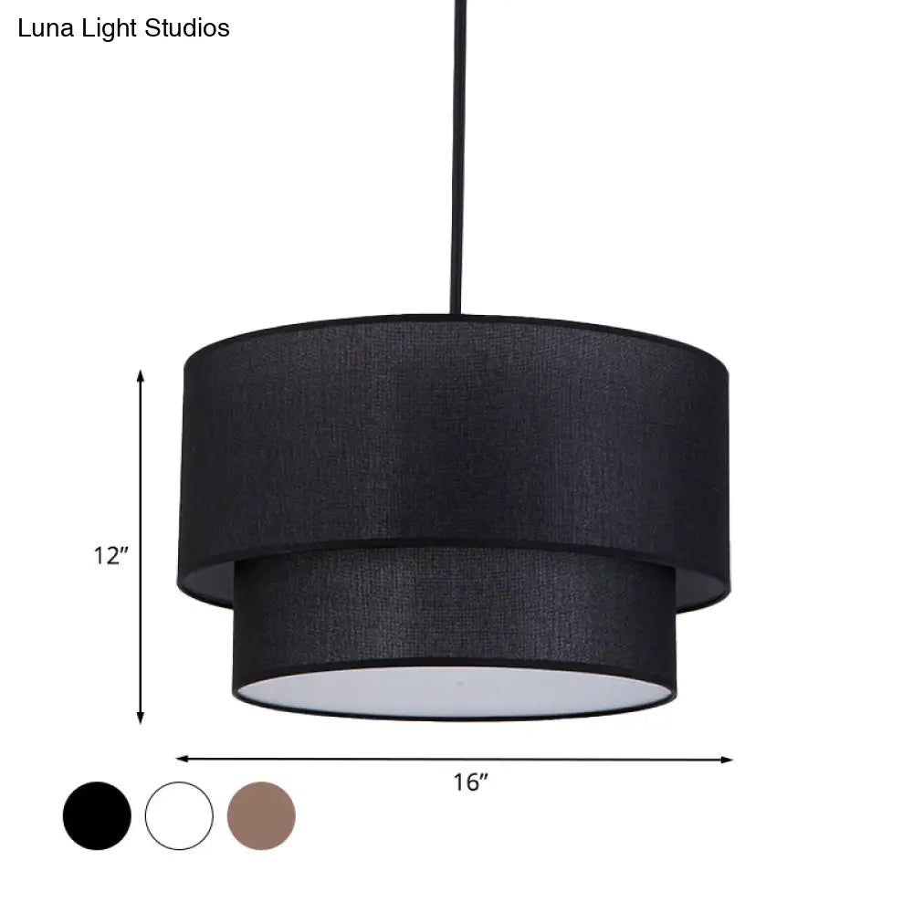 Modern Dual Drum Pendant Ceiling Lamp With Fabric Shade - 1-Head Dinette White/Flaxen/Black Color