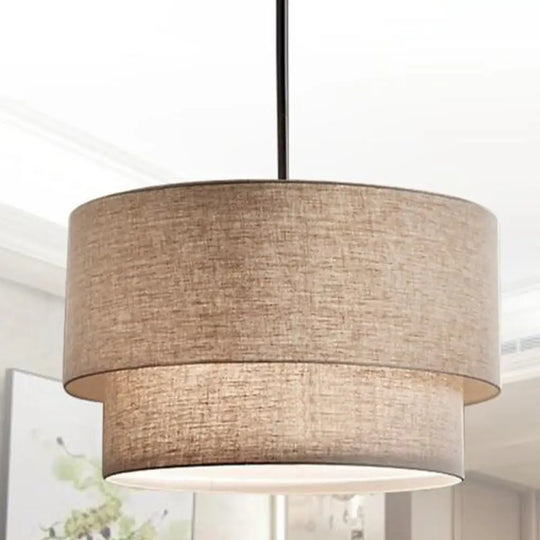 Modern Dual Drum Pendant Ceiling Lamp With Fabric Shade - 1-Head Dinette White/Flaxen/Black Color