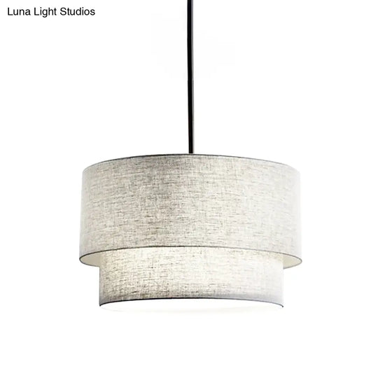 Modern Dual Drum Pendant Ceiling Lamp With Fabric Shade - 1-Head Dinette White/Flaxen/Black Color