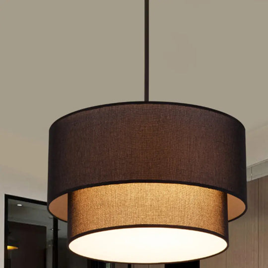 Modern Dual Drum Pendant Ceiling Lamp With Fabric Shade - 1-Head Dinette White/Flaxen/Black Color