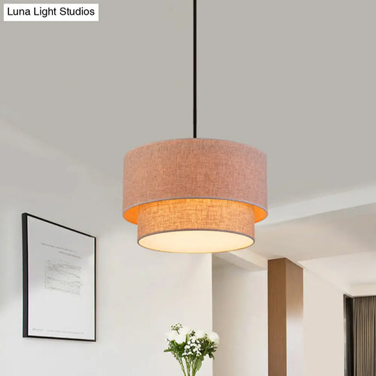 Modern Dual Drum Pendant Ceiling Lamp With Fabric Shade - 1-Head Dinette White/Flaxen/Black Color