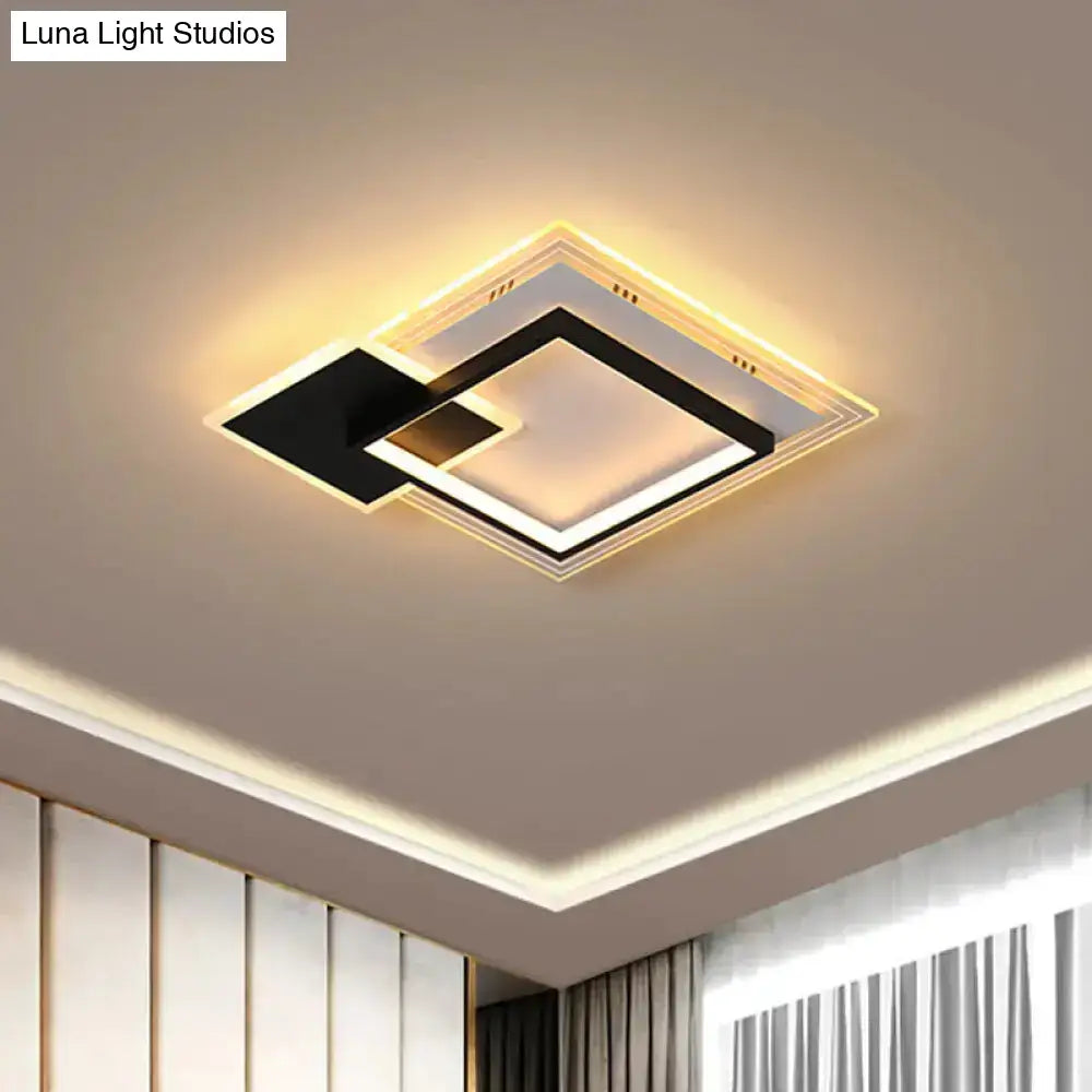 Modern Dual-Round/Square Flush Mount Led Ceiling Lamp In Acrylic Black/White With Warm/White Light