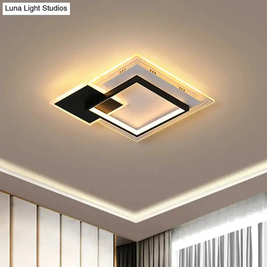 Modern Dual-Round/Square Flush Mount Led Ceiling Lamp In Acrylic Black/White With Warm/White Light