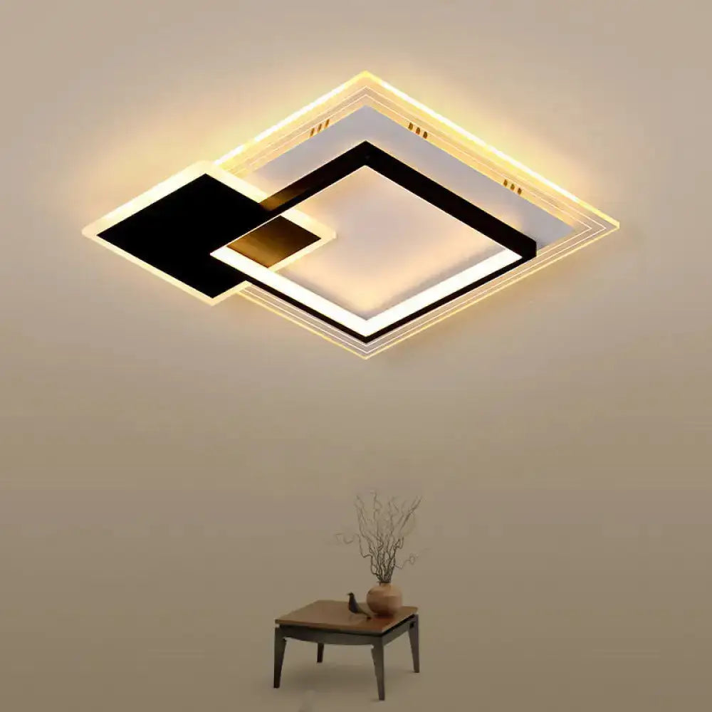 Modern Dual-Round/Square Flush Mount Led Ceiling Lamp In Acrylic Black/White With Warm/White Light