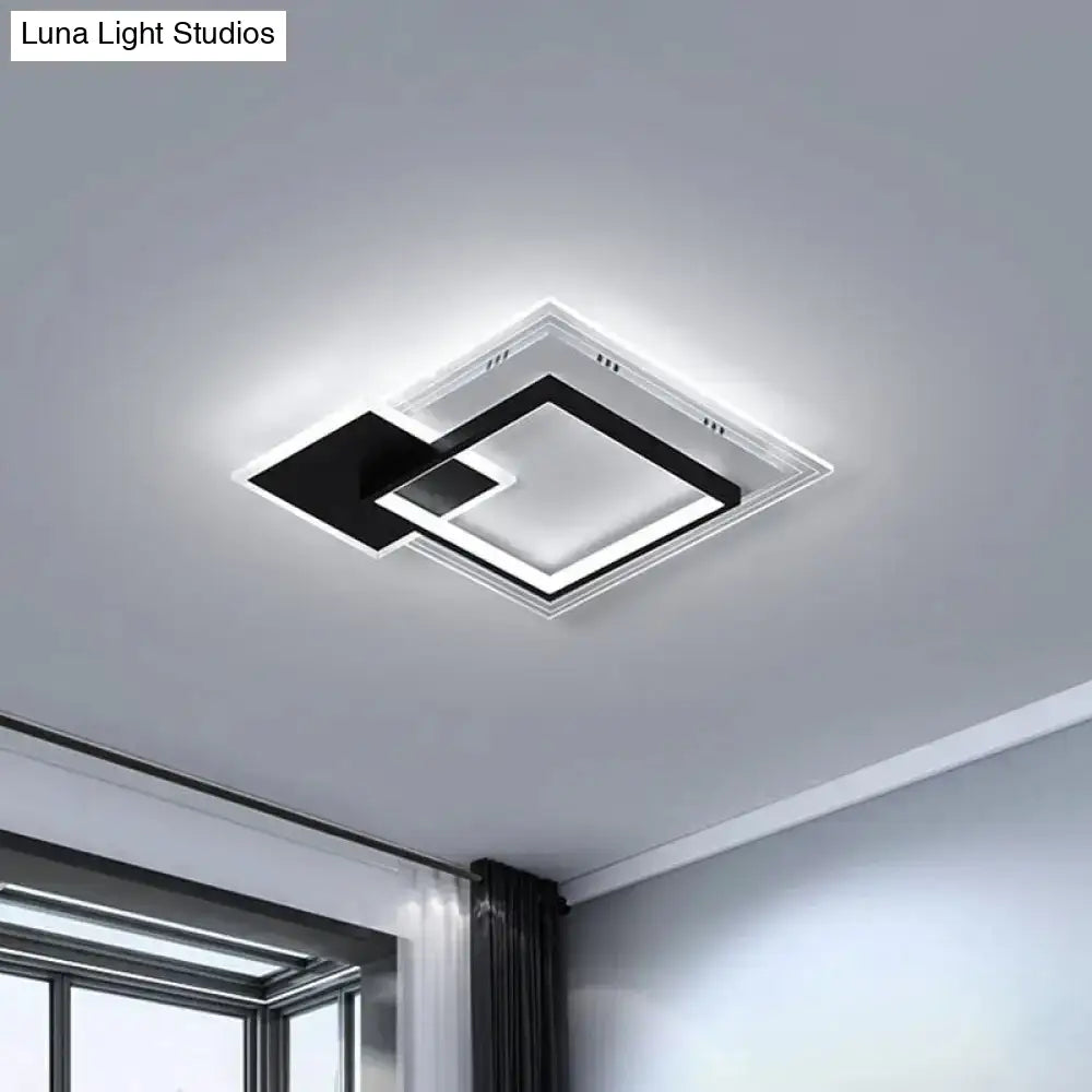 Modern Dual-Round/Square Flush Mount Led Ceiling Lamp In Acrylic Black/White With Warm/White Light